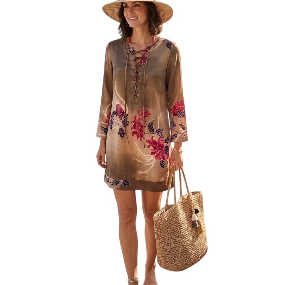 Sunner Women Silk Floral Lace Up Tunic Dress Swimsuit Coverup Size L Made in USA